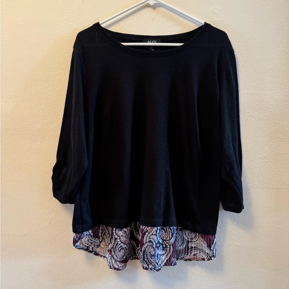 ALYX Black Paisley Layered Tunic Mixed Media Boho Career Top Blouse Plus Size 2X